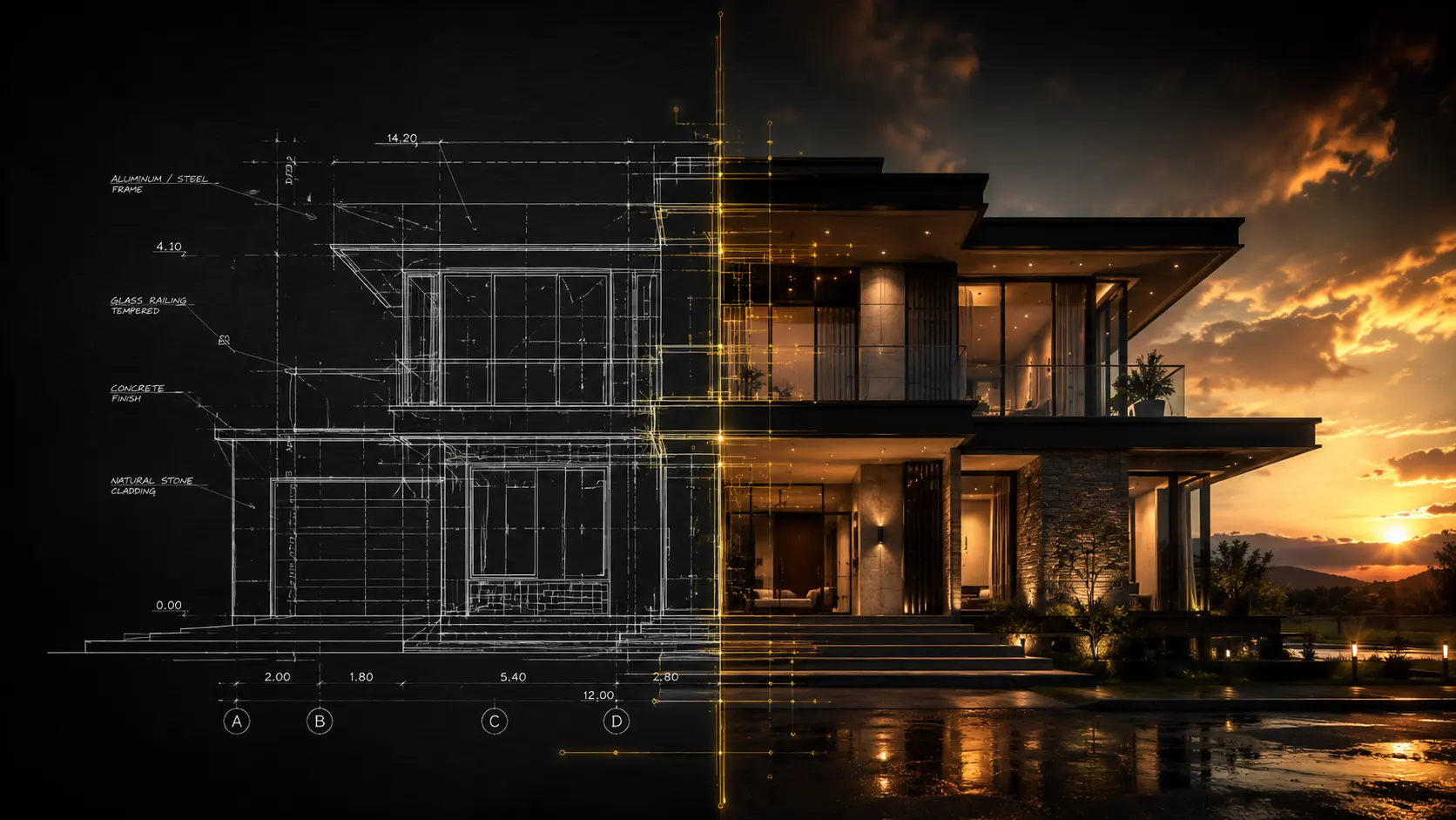Architectural blueprint transforming into a rendered building