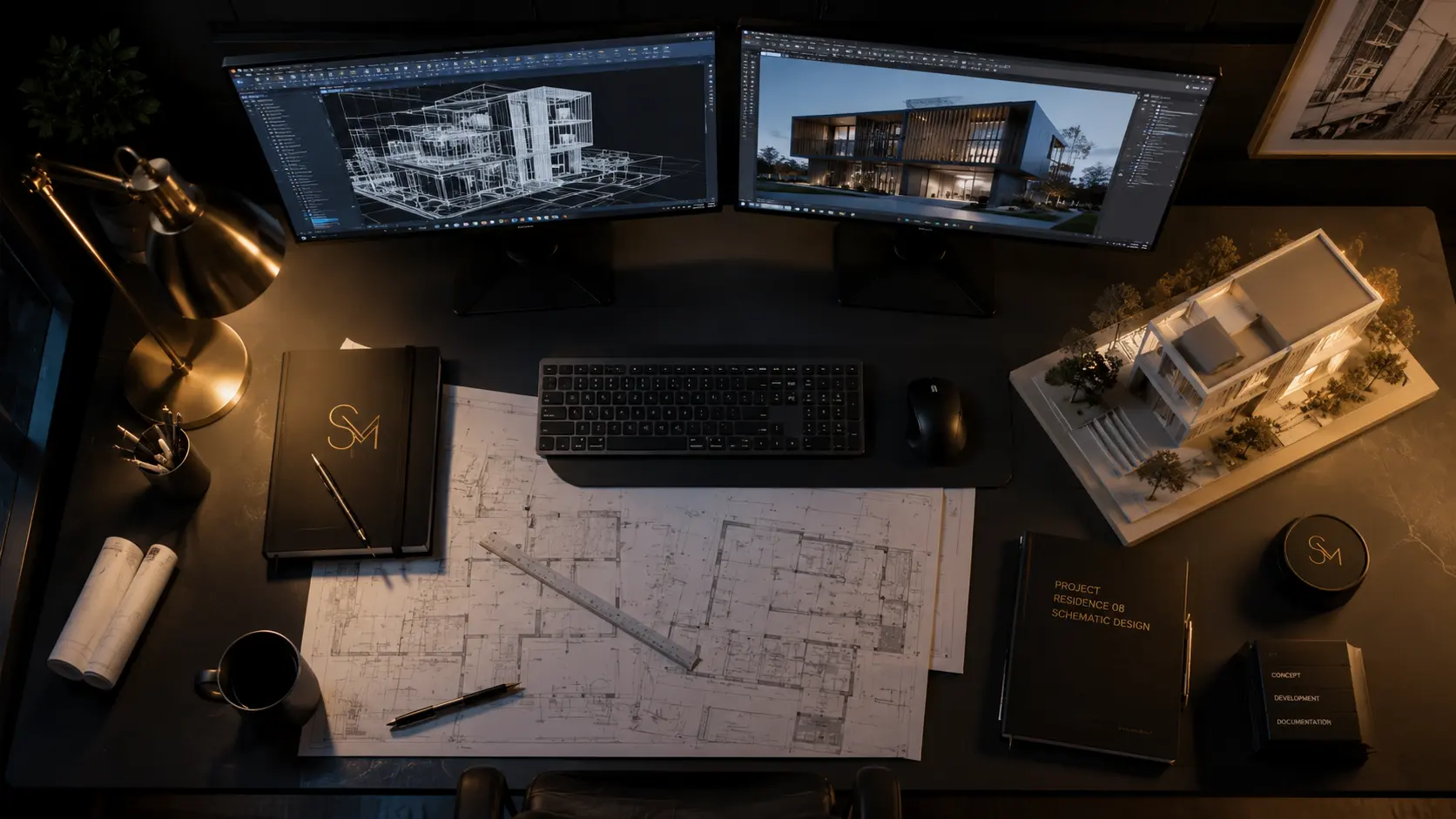 Architecture workstation with Revit models on screen