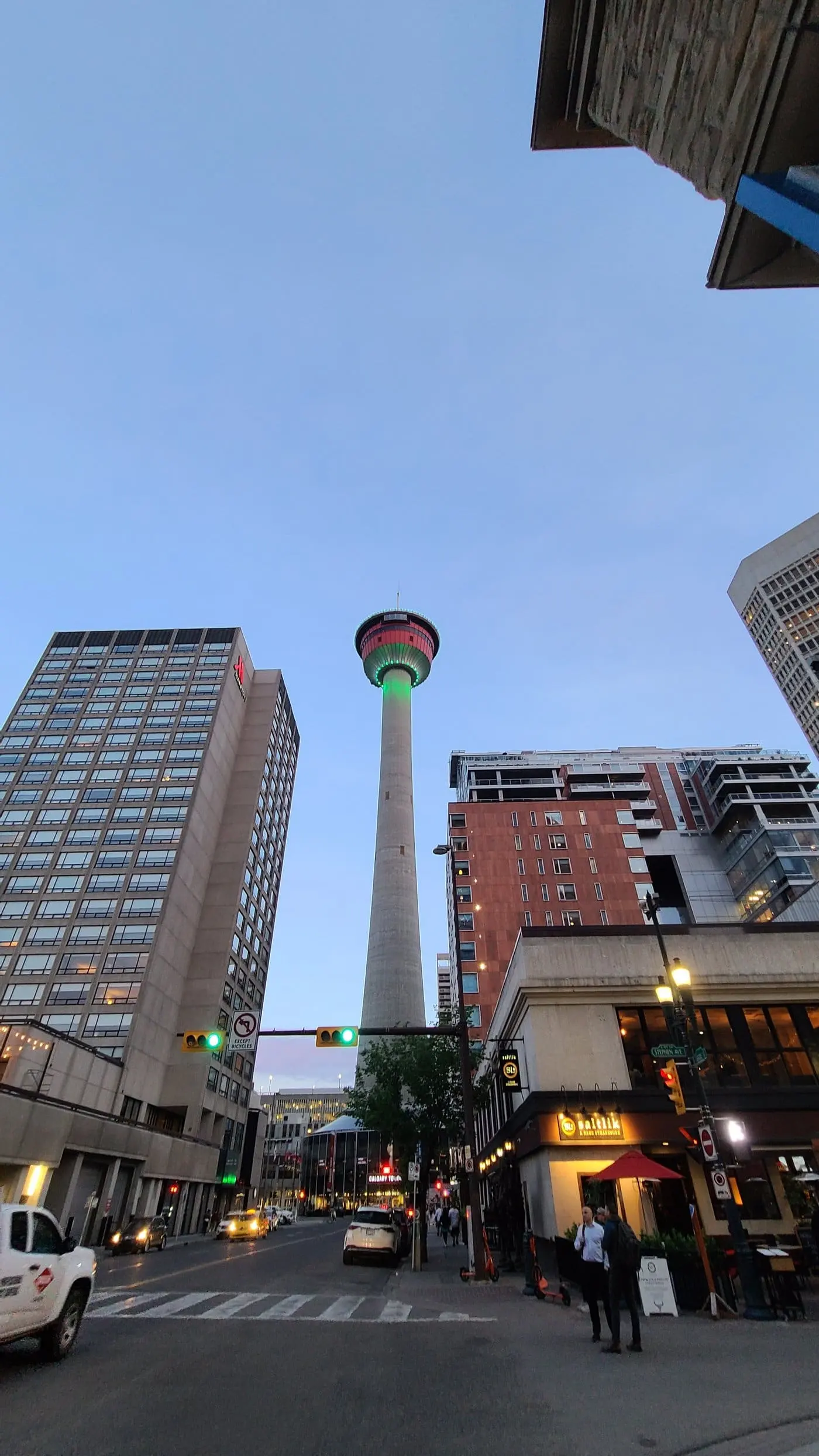 The Calgary Tower seen from Stephen Avenue at dusk
